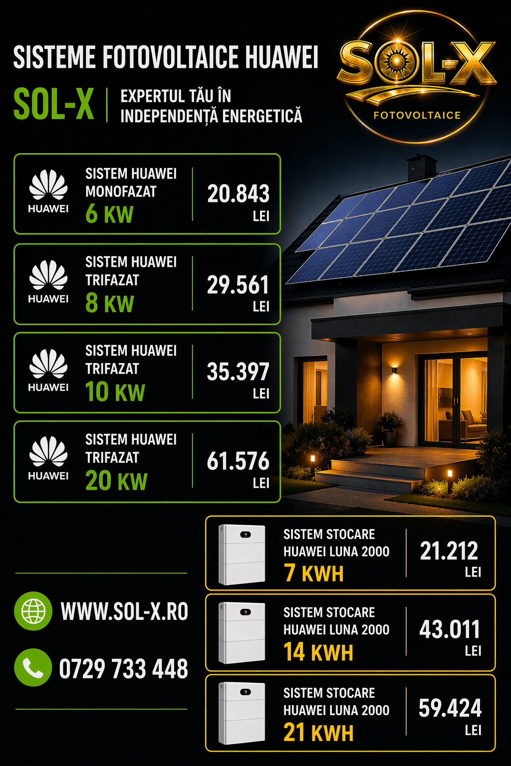Preturi sisteme fotovoltaice Huawei — 6kW, 8kW, 10kW, 20kW + stocare LUNA 2000 | SOL-X
